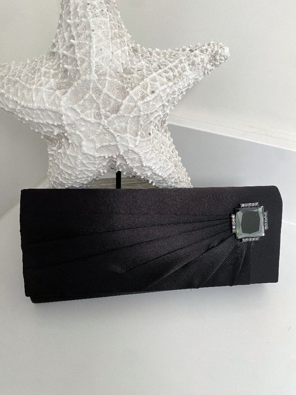 Black Satin Clutch Wallet Rhinestone Detail Evening Formal